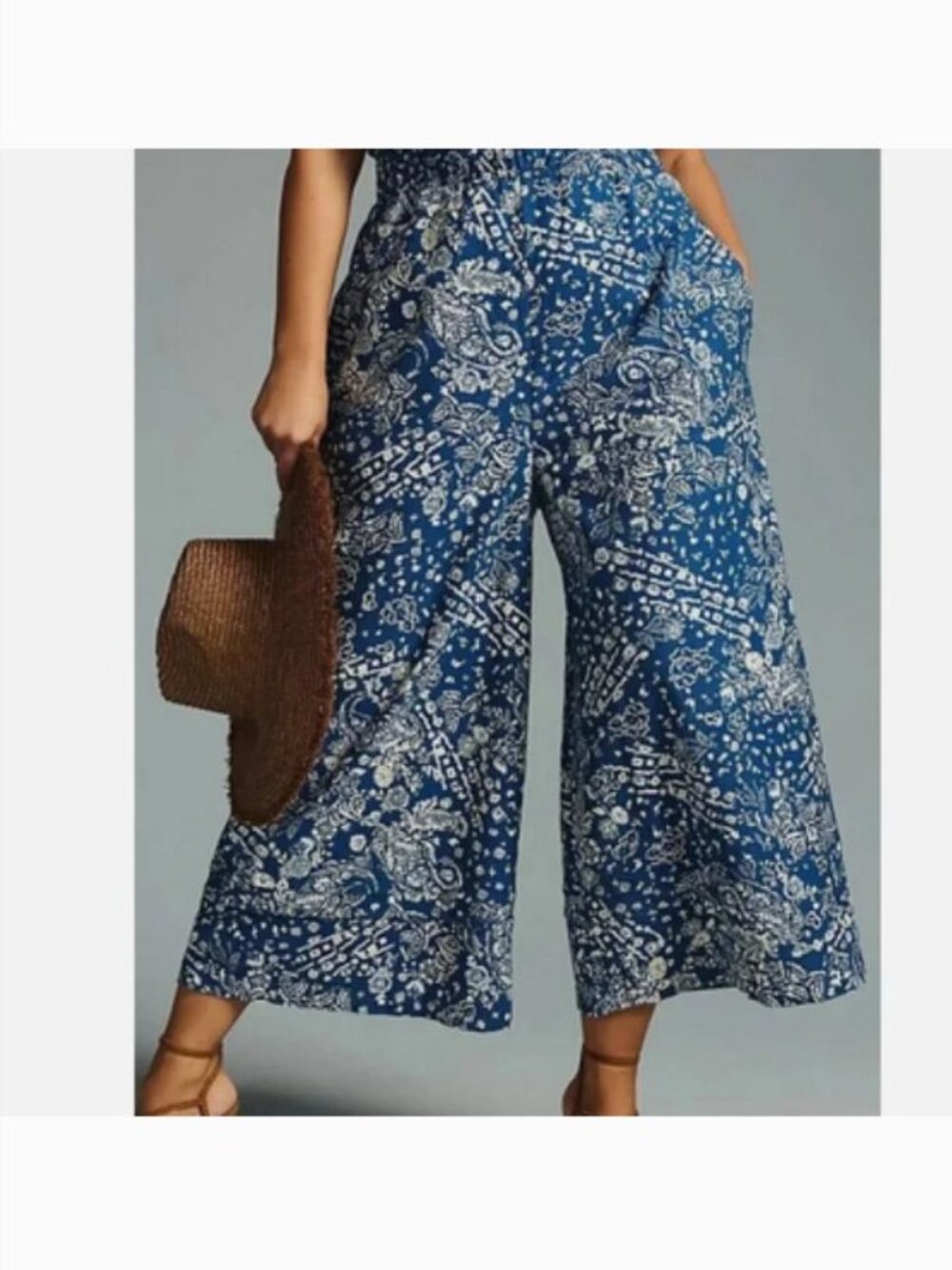 Anthropologie The Somerset Wide Leg Jumpsuit Blue White Floral L Short Sleeve - Picture 11 of 16